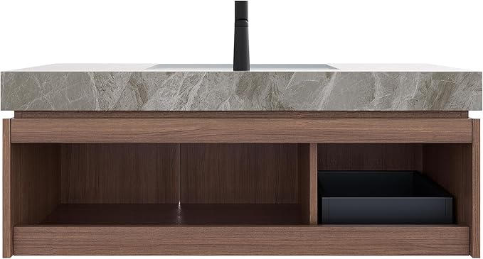 48 Inch Floating Bathroom Vanity with Sink Espresso, Wall-Mounted Farmhouse Bathroom Vanity with Drawer and Doors, Light Gray Sintered Stone Countertop and Ceramic Basin, Pre-Assembled