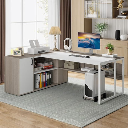 Tribesigns 71 inch Executive Desk, L Shaped Desk with Cabinet Storage, Executive Office Desk with Shelves, Business Furniture Set Workstation for Home Office, Gray and White