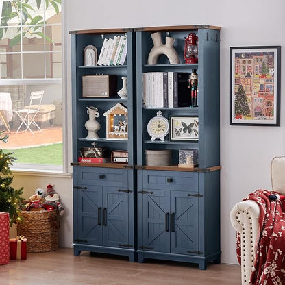 72in Tall Bookshelf 7 Tier Bookcase with Drawer and Barn Doors and Adjustable Shelves, Blue Farmhouse Book Shelf with Storage Cabinet, Wood Freestanding Display Bookshelves for Kitchen (3PCS)
