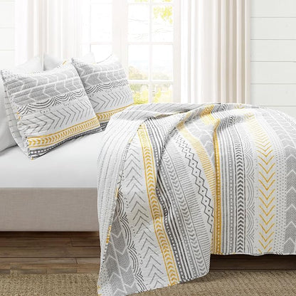Lush Decor Hygge Geo Pattern Striped 3 Piece Quilt Bedding Set, Full/Queen, Yellow
