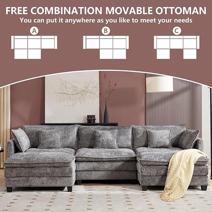 Plush Modular Cloud Sofa Set with Ottoman | L/U-Shaped Deep Seating Chenille Sectional for Family Living Room