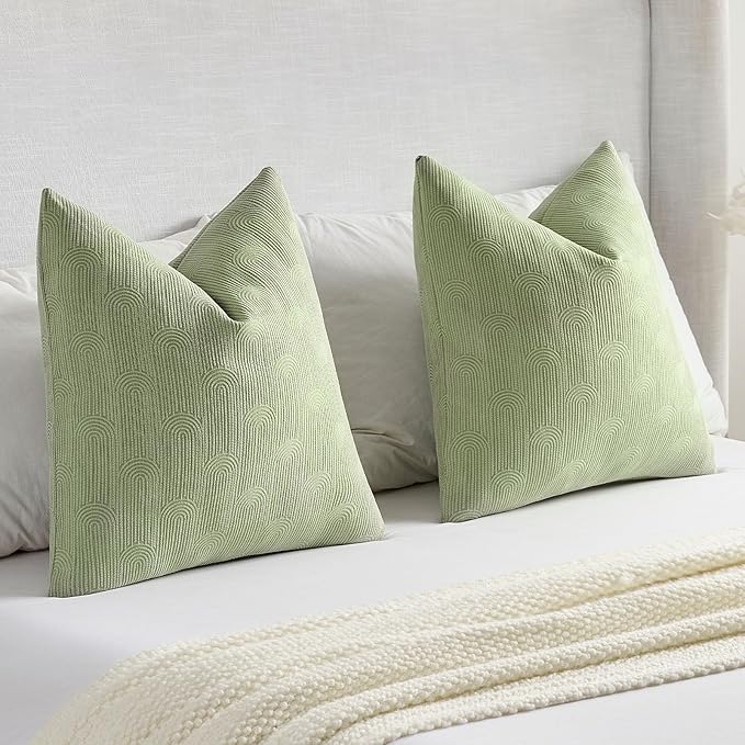 FUTEI Sage Green Chenille Decorative Throw Pillow Covers 26x26 Inch Set of 2,Soft Cozy Striped Geometric Patterns Euro Pillow Sham,Modern Home Decor for Couch Bed Living Room