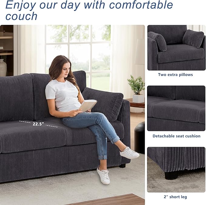 Sofa Set for Living Room Corduroy Couch Sets 3 Seater and Single Chair, Sofas for Apartment and Small Spaces .(Grey, Sofa Set)