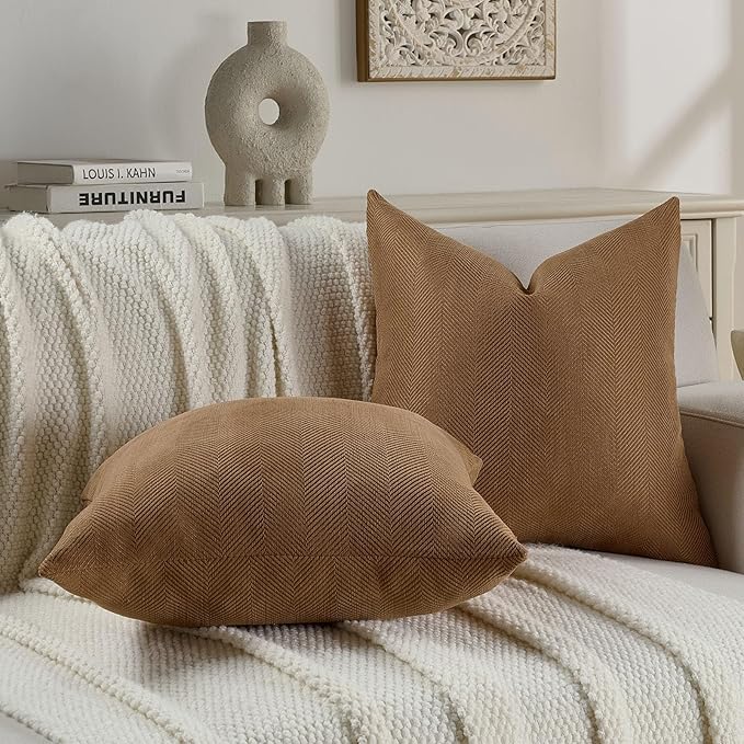 FUTEI Rust Chenille Throw Pillow Covers 12x20 Inch Set of 2,Soft Wide Chevron Textured Lumbar Pillow Cases,Farmhouse Home Decor for Couch Bed Living Room