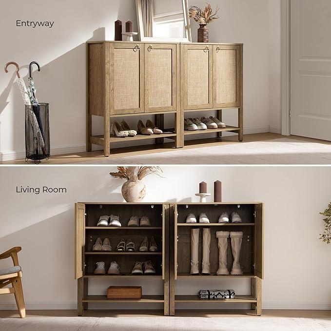 SICOTAS Shoe Storage Cabinet for Entryway - 5 Tier Rattan Entry Shoe Organizer Cabinet with Shelves & Doors, 2 Pieces Farmhouse Boho Shoe Rack for Hallway, Living Room, Closet (Carbon Cherry)