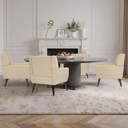 Faux Leather Accent Chairs Set of 4, Mid-Century Modern Upholstered Armchair, Comfy Living Room Chairs Reading Chairs with Button Tufted Back & Solid Wood Legs for Bedroom, Office, Cream