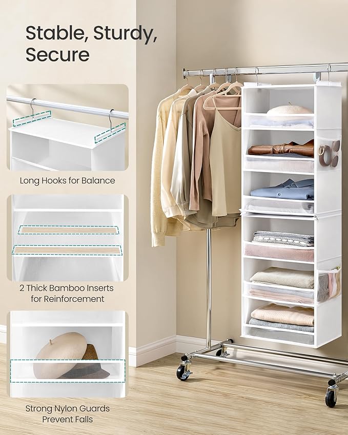 SONGMICS Hanging Closet Organizer, 6-Tier Fabric Storage Shelf, Separable Closet Hanging Shelf with Side Pockets, Foldable, Metal Hooks and Bamboo Inserts, Cloud White URCH007W01