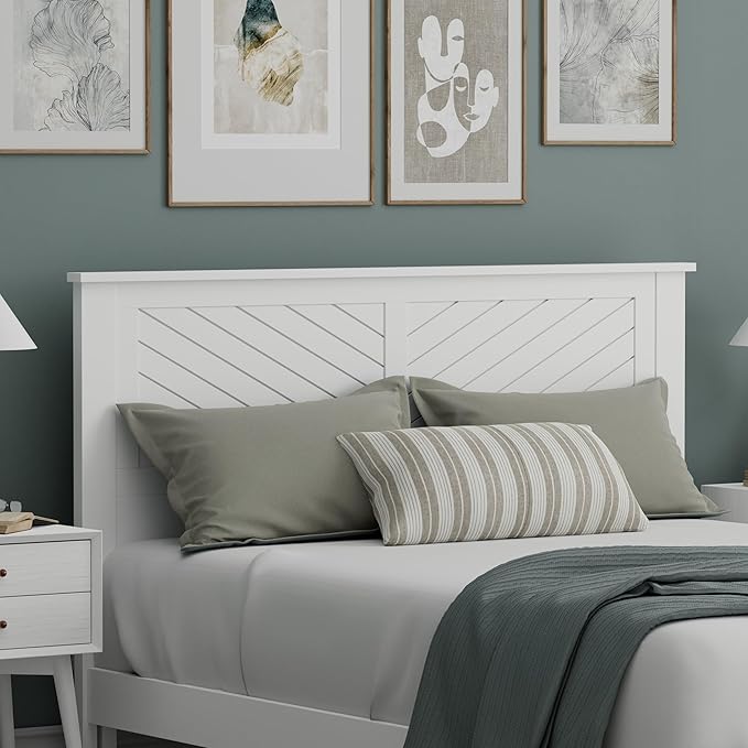 Serene Poplar Wood Queen Size Headboard in White, Modern Farmhouse Panel with Chevron Scoring, Casual Coastal Style, Easy Assembly, Quality Materials