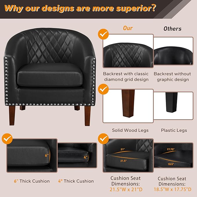 Prilinex Comfy Barrel Accent Chair Set of 2 - Faux Leather Living Room Chair Club Chair with Cushion, Diamond Grid Backrest & Nailhead Trim, Guest Chair for Office, Bedroom & Waiting Room, Black