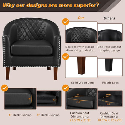 Prilinex Comfy Barrel Accent Chair Set of 2 - Faux Leather Living Room Chair Club Chair with Cushion, Diamond Grid Backrest & Nailhead Trim, Guest Chair for Office, Bedroom & Waiting Room, Black