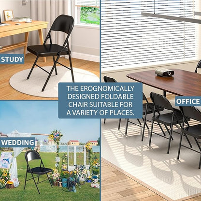 V&LX Folding Chairs All Steel Frame with Double Hinged for Wedding, Banquets, Celebrations, Dinning, Office Kitchen Patio and Garden, Set of 4, Black