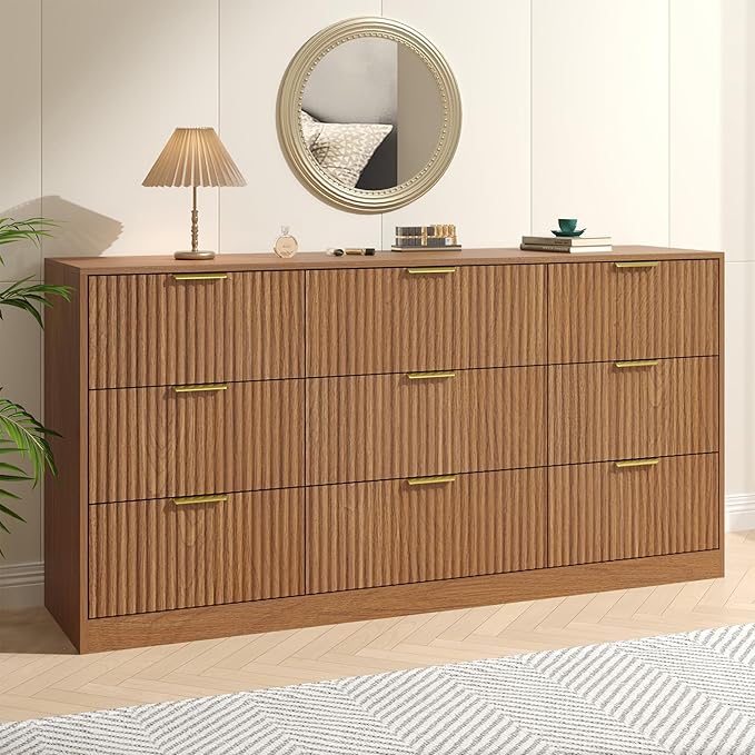 Fluted Dresser for Bedroom with 9 Drawer, 63” Wide Wooden Dresser Mid Century Chest of Drawers with Handle, Dressers TV Stand Storage Organizer for Bedroom, Living Room, Natural Wood