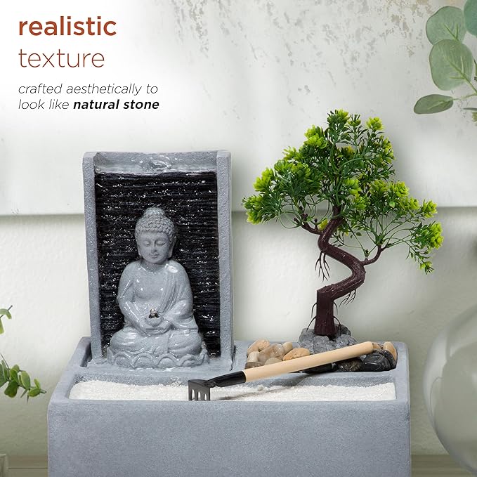 Alpine Corporation DIG278 13" Indoor/Outdoor Tabletop Fountain with LED Lights, Buddha Bonsai Garden Water Feature for Home, Patio & Desk Décor, Gray