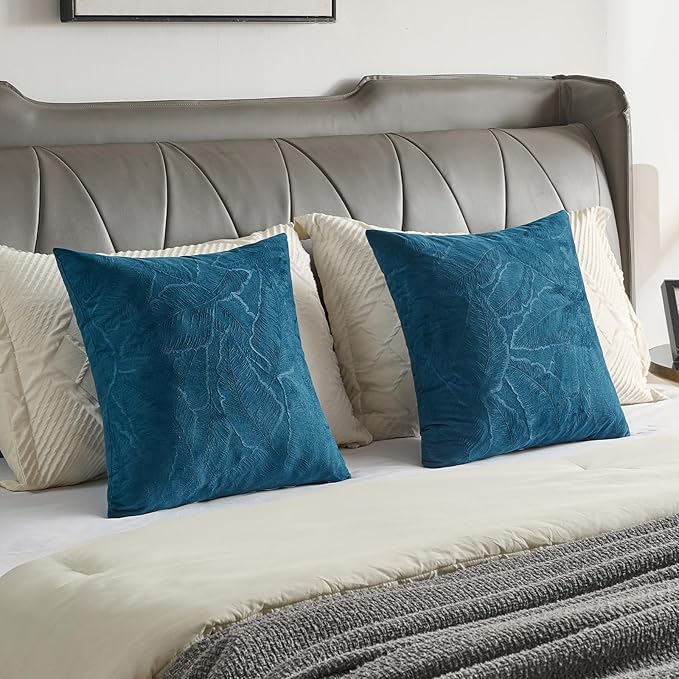 FUTEI Navy Blue Velvet Throw Pillow Covers 12x20 Inch Set of 2,Soft Embossed Leaf-Relief Textured Lumbar Pillow Cases,Natural Home Decor for Couch Living Room