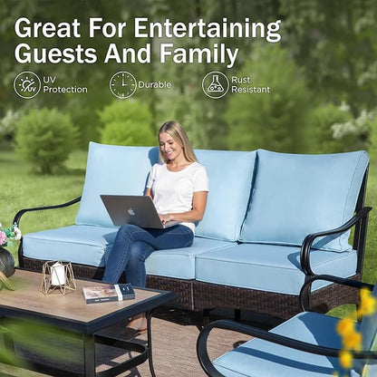 PHI VILLA Patio Furniture Set with 56" Fire Pit Table, Premium Outdoor Wicker Metal Frame Furniture with Upgraded Waterproof Thick Cushions for Porch, Poolside, Deck, and Yard （4 Pieces,Blue）