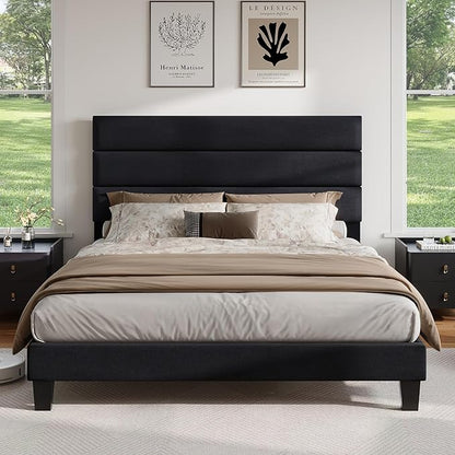 AMERLIFE Queen Size Bed Frame with Linen Upholstered Headboard, Modern Platform Bed with Wooden Slats Support, Noise-Free, No Box Spring Needed, Easy Assembly, Black
