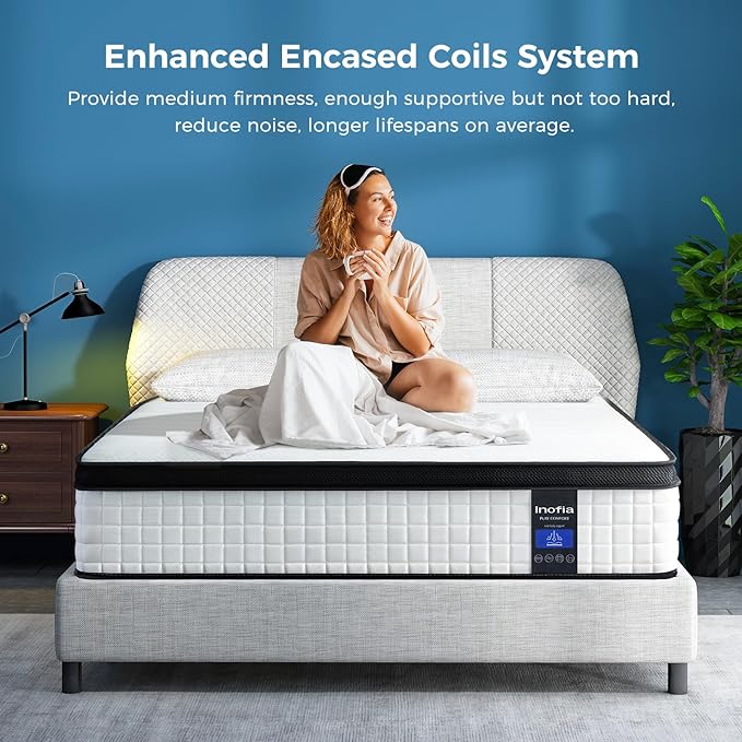 Inofia Queen Mattress, 10 Inch Hybrid Innerspring Spring with Memory Foam, Cool Bed in a Box, Pressure Relief with Motion Transfer, Mattress Queen Size