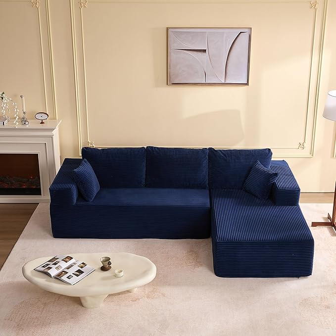 107" Boneless Couch with Deep Seat, Modular Sectional Sofa, Cloud Sectional Couch for Living Room, No Assembly Required, Corduroy, L-Shape Right，Blue