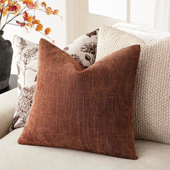 Foindtower Pack of 2 Soft Textured Chenille Throw Decorative Pillow Covers Square Accent Solid Cushion Cover Cozy Neutral Farmhouse Pillow Case for Couch Sofa Bedroom Living Room 24x24 Inch,Red Taupe
