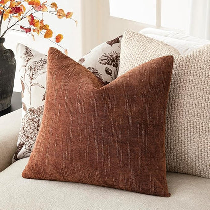 Foindtower Pack of 2 Soft Textured Chenille Throw Decorative Pillow Covers Square Accent Solid Cushion Cover Cozy Neutral Farmhouse Pillow Case for Couch Sofa Bedroom Living Room 16x16 Inch,Red Taupe