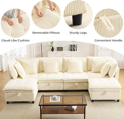 103" Modular Sectional Sofa, L-Shaped Corduroy Comfy Sectional Couches for Living Room, 3-Seater Cloud Couches with 1 Ottoman, Modern Deep Seat Sofa with Large Storage, Corduroy Beige