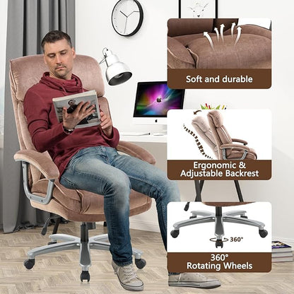 CLATINA Big and Tall Executive Office Chair, Extra Wide Seat, 800 LBS Capacity Heavy Duty Ergonomic Cloth Desk Chair with Wheels and Padded Armrests, High Back Fabric Computer Task Chair, Brown
