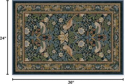 RUGGABLE x Morris & Co Machine Washable Area Rug – Strawberry Thief Indigo 2x3, Stain-Resistant, Non-Slip – Small Rugs for Living Room, Bedroom, Hallway, Entryway & Bathroom–with Cushioned Pad