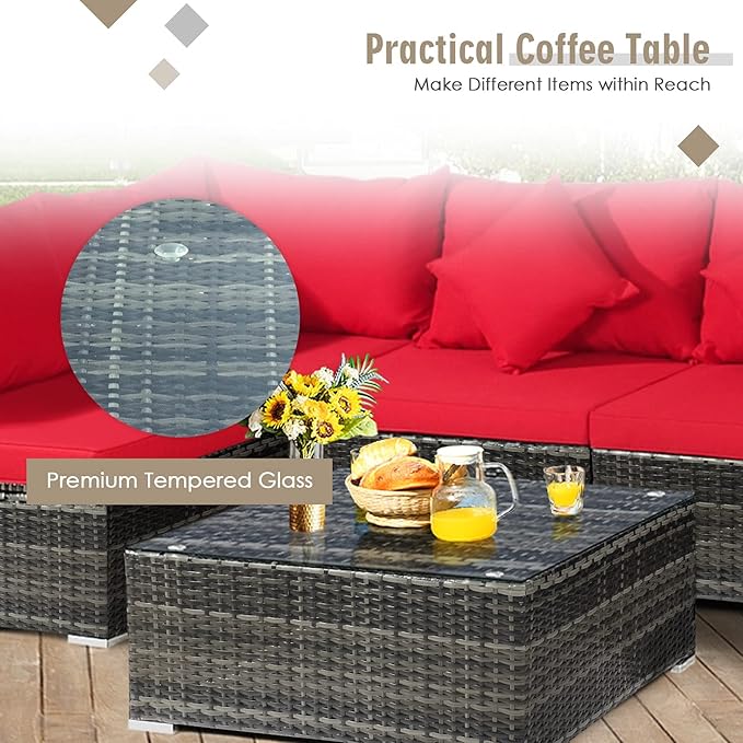 Tangkula 7 Pieces Patio Rattan Furniture Set, Patiojoy Outdoor Conversation Set with Cushions and Tempered Glass Coffee Table, All-Weather Sectional Sofa Set for Garden, Lawn, Backyard (Red)