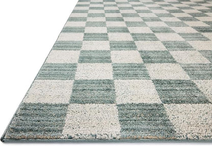 Loloi Chris Loves Julia Calvin Collection CLV-01 Blue/Ivory 5'-3" x 7'-6" Area Rug Checkered Neutral Soft Living Room Bedroom Carpet