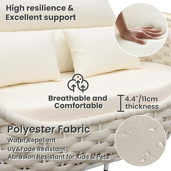 Woven Rope Outdoor Sofa Set: 6 Pieces Aluminum Patio Conversation Set Assembled - All Weather Cushioned Porch Furniture Couch - Modern Metal Lounge Set for Deck Yard Resort Hotel Sunroom, Beige