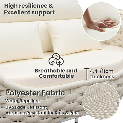 Woven Rope Outdoor Sofa Set: 6 Pieces Aluminum Patio Conversation Set Assembled - All Weather Cushioned Porch Furniture Couch - Modern Metal Lounge Set for Deck Yard Resort Hotel Sunroom, Beige