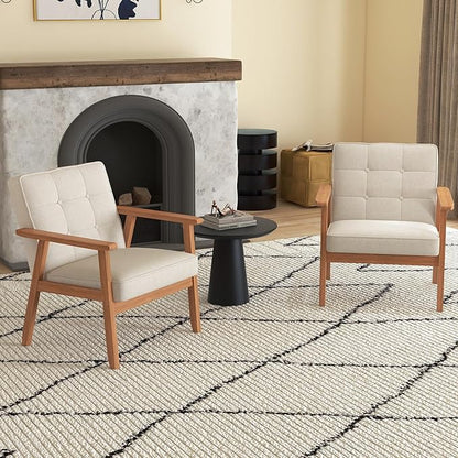 Modern Accent Chairs Set of 2, Upholstered Linen Fabric Leisure Chairs with Backrest Button and Wooden Frame for Living Room Bedroom Reading (Beige)