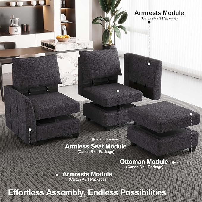Belffin Modular Sectional Sofa Chenille Sleeper Sectional Couch with Storage Modular Sofa Bed for Living Room, 6 Seats, Dark Grey