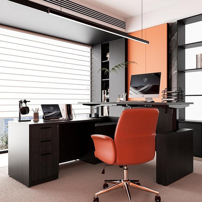 66.93'' Height Adjustable L-Shaped Executive Desk with Drawers and Shelves (Grey)