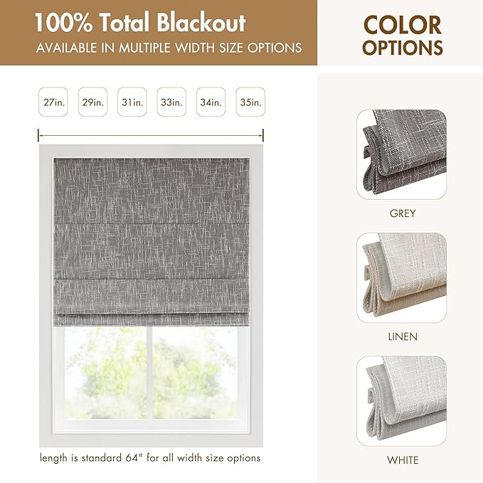 Madison Park Cordless Roman Shades, Total Blackout Window Blind Privacy Window Shades, Thermal Insulated Cordless Window Treatment for Bedroom, Living Room, Quincy, Single Panel 31" W X 64" H Grey
