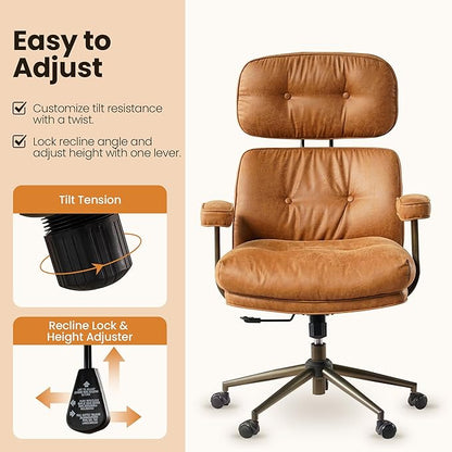 Home Office Desk Chair, Mid-Century Modern Office Chair with Adjustable Lumbar Support, Thickened Cushion Executive Desk Chair with 360 Rolling Swivel for Meeting Game Study Room(Light Brown)