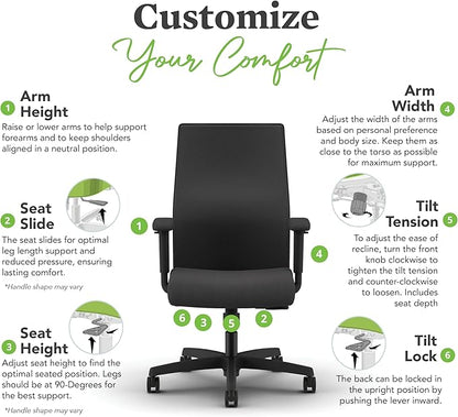 HON Ignition 2.0 Mid Back Task Chair, Standard Synchro-Tilt Control, Office Chair with Lumbar Support, Height and Width Adjustable Arms, Black Frame, Frost
