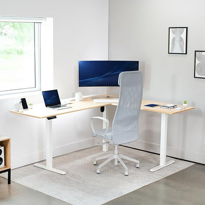 VIVO Corner Standing Desk, 75 x 63 inch Reversible L-Shaped Workstation, Electric Height Adjustment, Home, Office, and Reception Rooms, Real Bamboo Table Top White Frame, DESK-E3CTWO-75