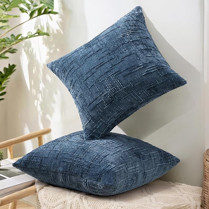 decorUhome Navy Blue Chenille Throw Pillow Covers 18x18 Set of 2 Thick Textured Slubby Couch Pillow Covers Farmhouse Accent Modern Neutral Decorative Pillow Cases for Bed Sofa Living Room