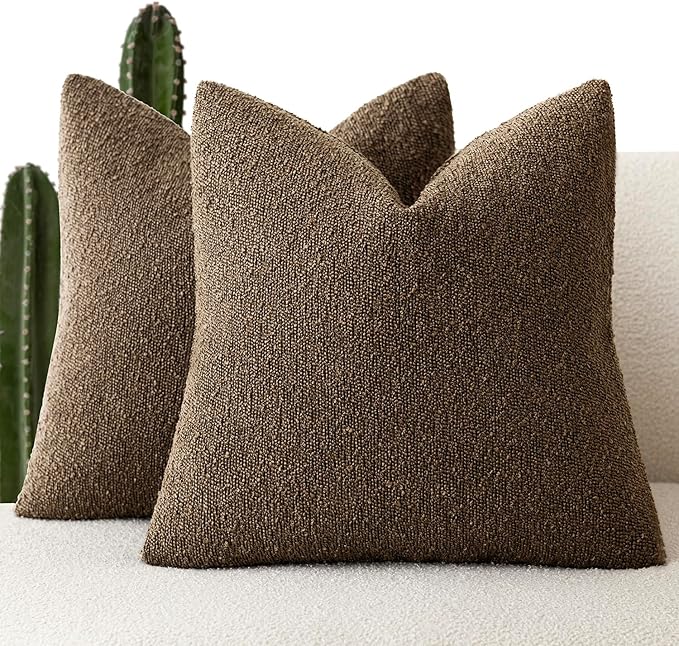 Foindtower Set of 2, Decorative Textured Boucle Throw Pillow Covers Accent Solid Pillow Cases Neutral Soft Couch Cushion Case for Chair Sofa Bedroom Living Room Home Decor 24x24Inch Chocolate