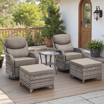 Belord Luxury 6" Thick Cushioned 5 Pieces Patio Furniture Set with 2 Ottomans, Wicker Outdoor Conversation Set with High Back Swivel Rocker Patio Chairs for Deck Porch Yard and Poolside - Grey+Grey