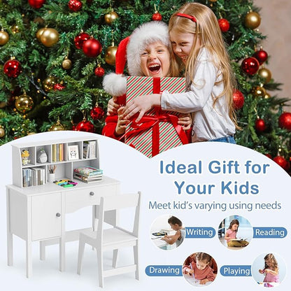 Costzon Kids Desk and Chair Set, Wooden Children Study Desk w/Hutch, Large Cabinet and Drawer for Home School Writing, Reading & Drawing, Computer Workstation Student Table and Chair for 3+ (White)