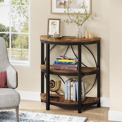 Tribesigns Half Round End Table for Living Room Set of 2, 3-Tier Half Side Table with Metal Frame, Industrial Half Moon Table, Half Circle Accent Table for Entryway, Bedroom, Rustic Brown