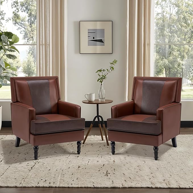 MOJAY Faux Leather Accent Chairs Set of 2, Mid-Century Modern Upholstered Lounge Armchair, Comfy Club Chair for Living Room, Bedroom, Study & Reception (Brown)