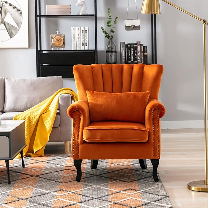 Accent Reading Arm Chairs Midcentury Modern Comfy Corner Sofa Chair, Wingback Waiting Room Club Chair with Tufted Back for Living Room/Bedroom/Reception Room, Velvet Orange