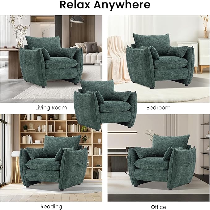 Chenille Oversized Accent Chairs, Modern Oversized Armchair with Removable Pillow, Comfy Living Room Chair with Side Pocket Storage for Bedroom, Office, Green