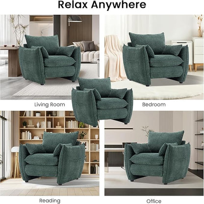 Chenille Oversized Accent Chairs, Modern Oversized Armchair with Removable Pillow, Comfy Living Room Chair with Side Pocket Storage for Bedroom, Office, Green
