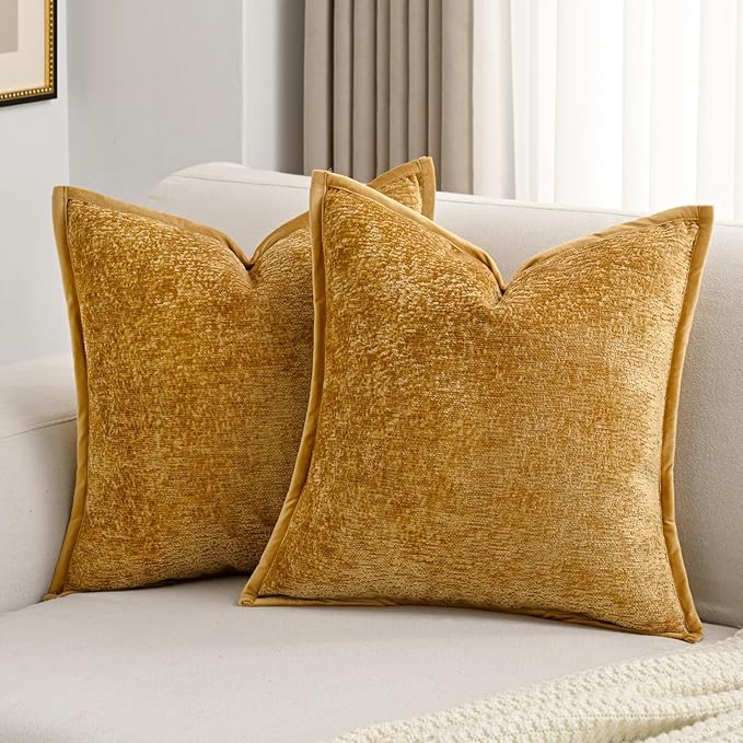 FUTEI Tobacco Chenille Throw Pillow Covers 18x18 Inch Set of 2,Soft Cozy Bound Edge Design Cushion Case,Home Decor for Couch Bed Living Room