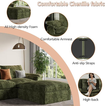 EASE MOOSE Oversized Sectional Cloud Couch, 9-Seat Modular Boneless Sofa Set with Deep Seat, No-Assembly Chenille Sofa for Living Room, Green