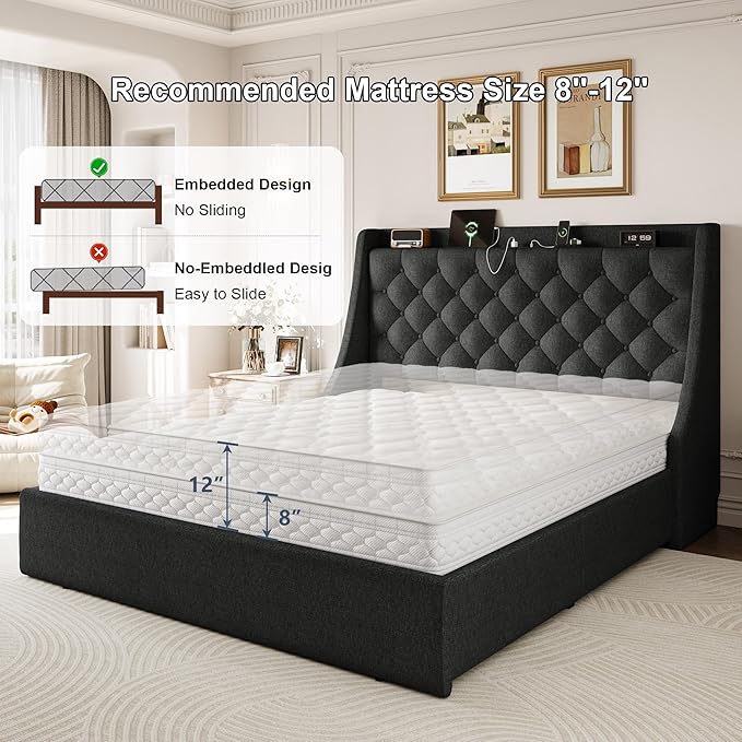 Queen Size Upholstered Platform Bed Frame with 4 Storage Drawers and Charging Station, Linen Button Tufted Wingback Headboard, Sturdy Wooden Support Slats, No Box Spring Needed, Dark Grey